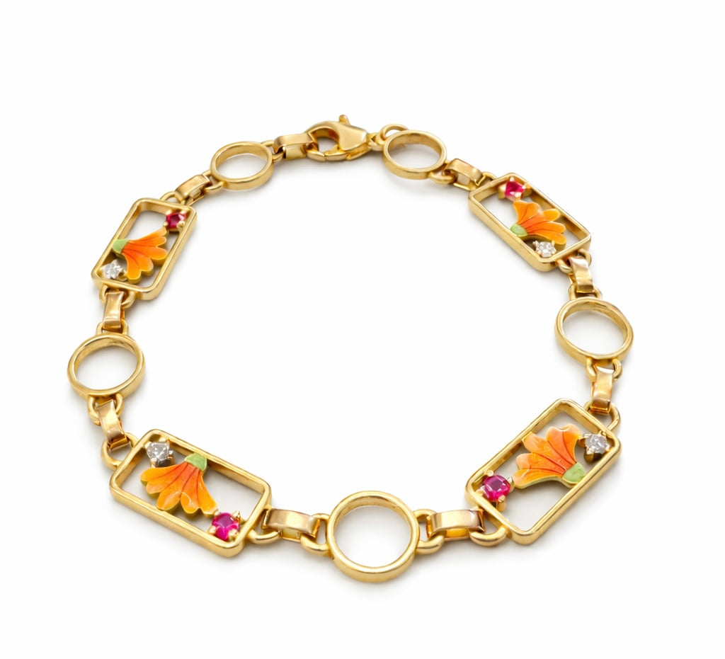 Pulsera Eslabones Flor Esmaltada en Oro con Rubíes y Diamantes