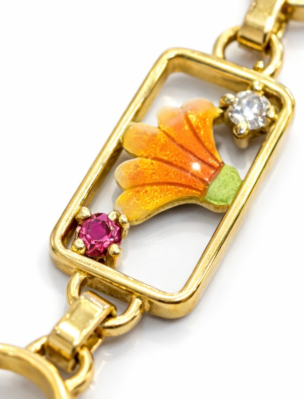 Pulsera Eslabones Flor Esmaltada en Oro con Rubíes y Diamantes