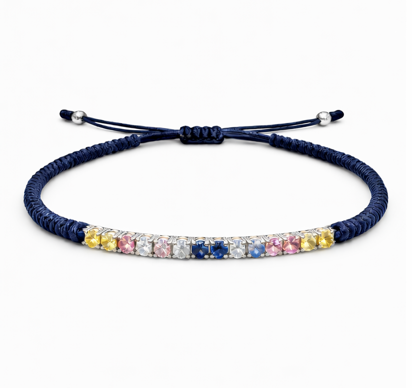 Pulsera Rainbow de Zafiros y Diamantes en Macramé Azul