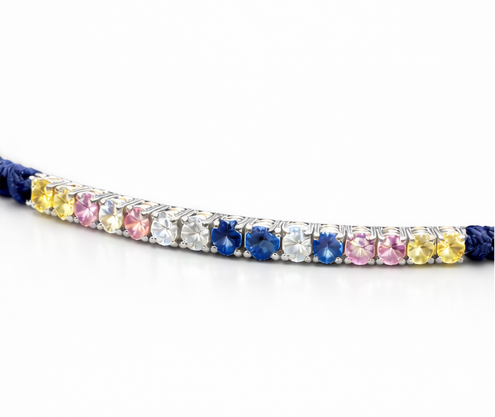 Pulsera Rainbow de Zafiros y Diamantes en Macramé Azul