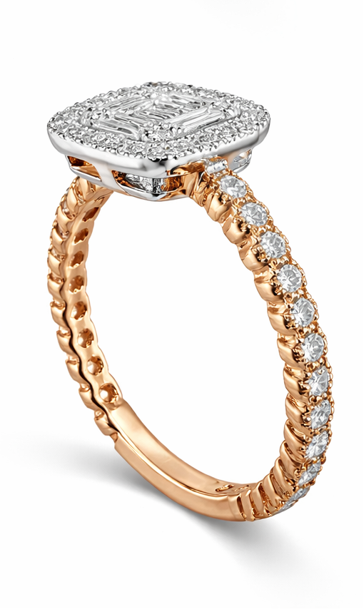 Anillo halo baguette bicolor