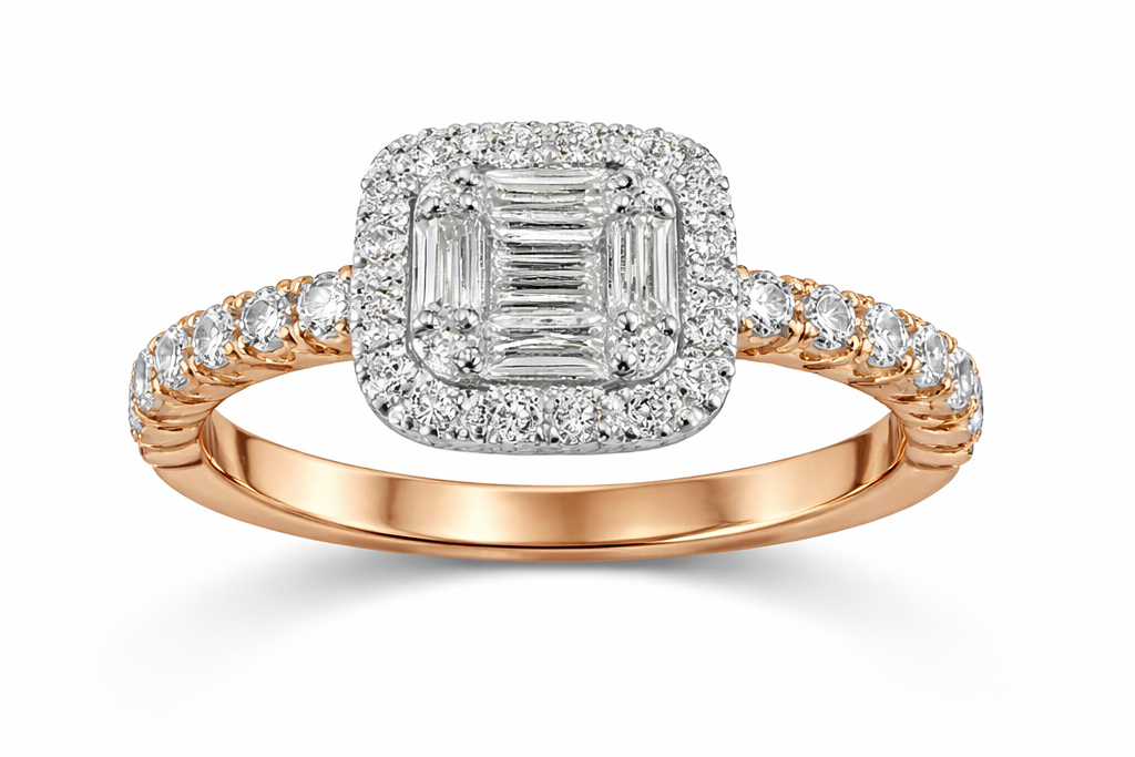 Anillo halo baguette bicolor