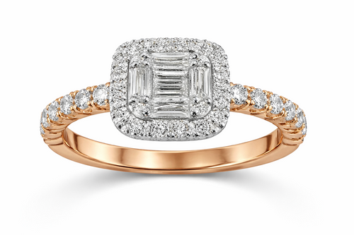 Anillo halo baguette bicolor