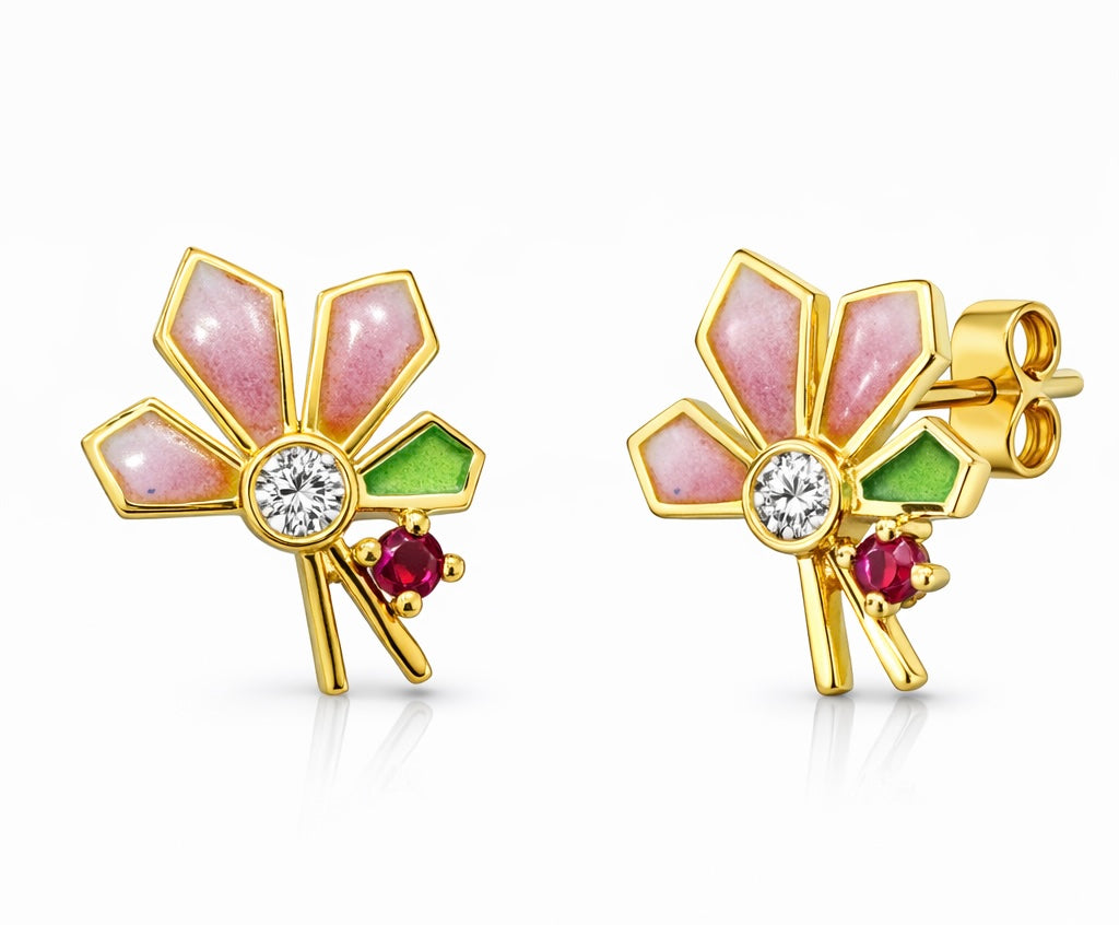 Pendientes de Oro Amarillo con Rubí, Diamante Talla Brillante y Esmalte