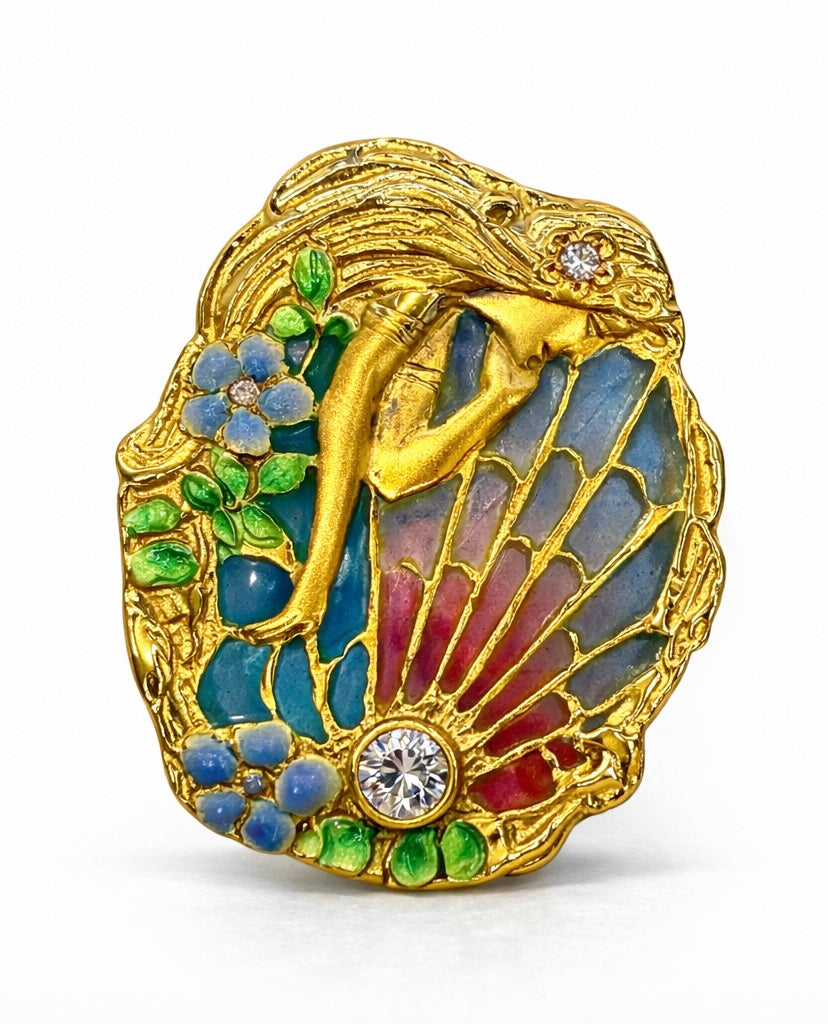 Broche Oro Amarillo estilo Ofelia con Esmalte Natural y Diamantes