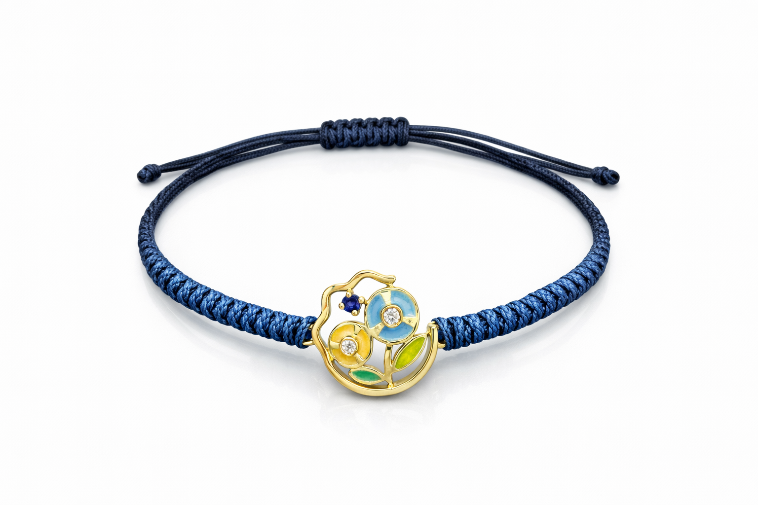 Pulsera de Oro Amarillo con Zafiro Azul, Esmalte Artesanal en Macramé
