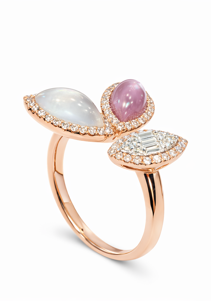 Anillo Abierto Triflor en Oro Rosa con Diamantes