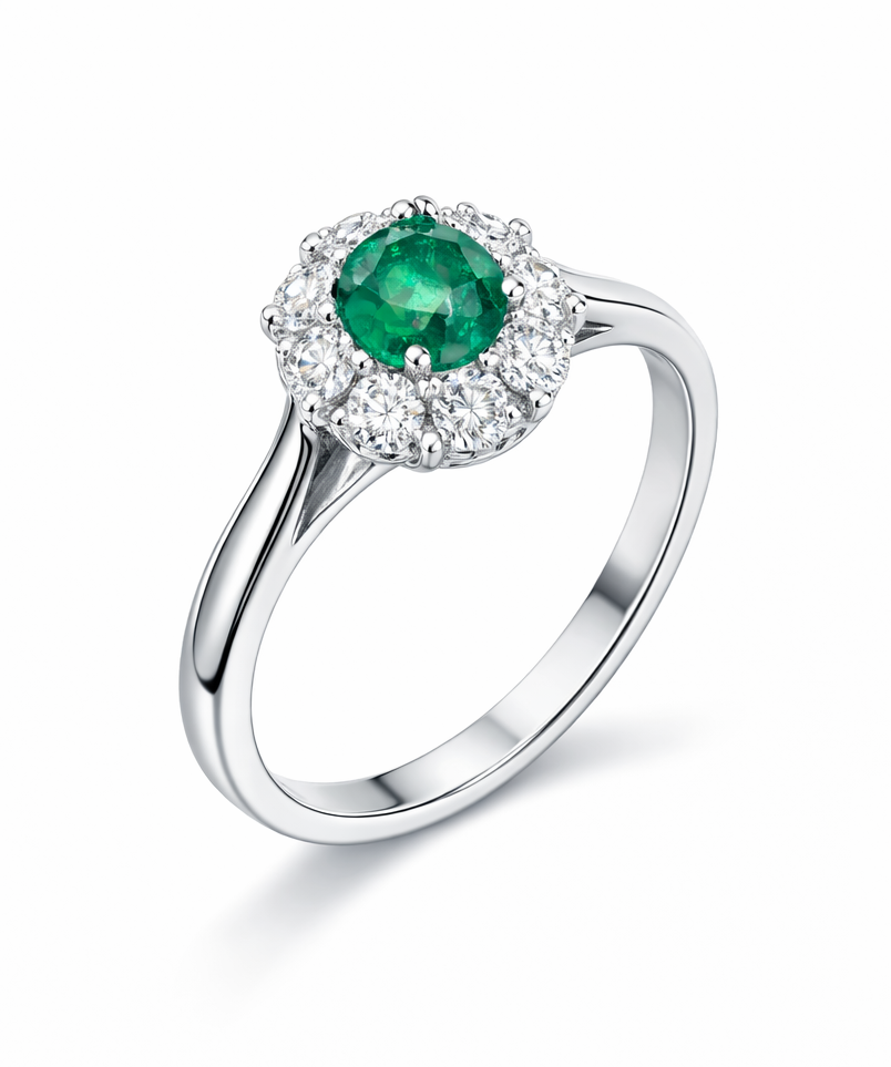 Anillo de oro blanco con esmeralda y halo de diamantes