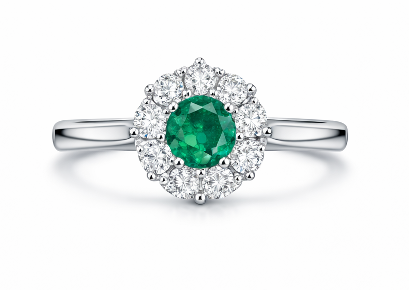 Anillo de oro blanco con esmeralda y halo de diamantes