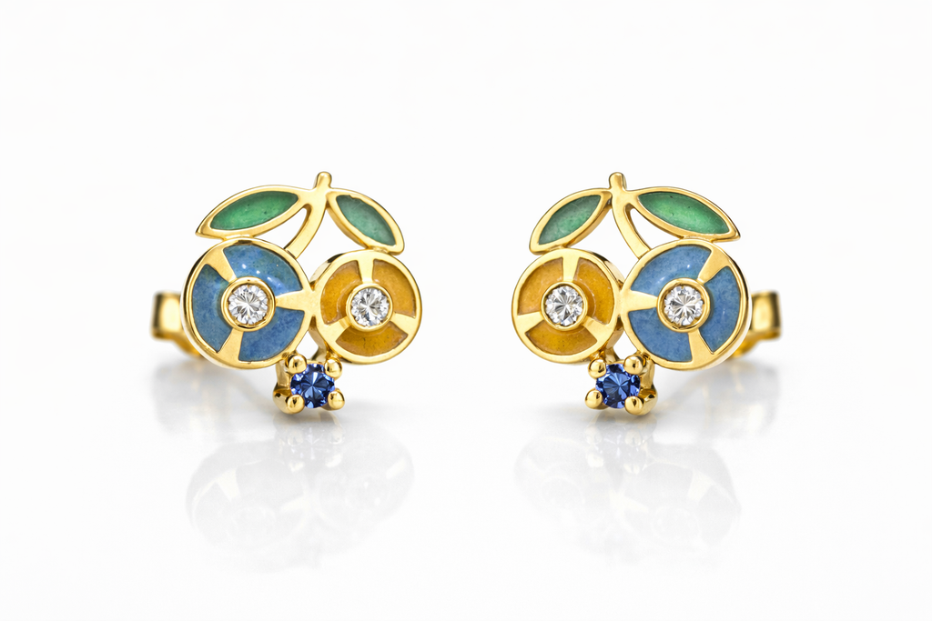 Pendientes Oro Amarillo con Esmalte Artesanal y Zafiro Azul