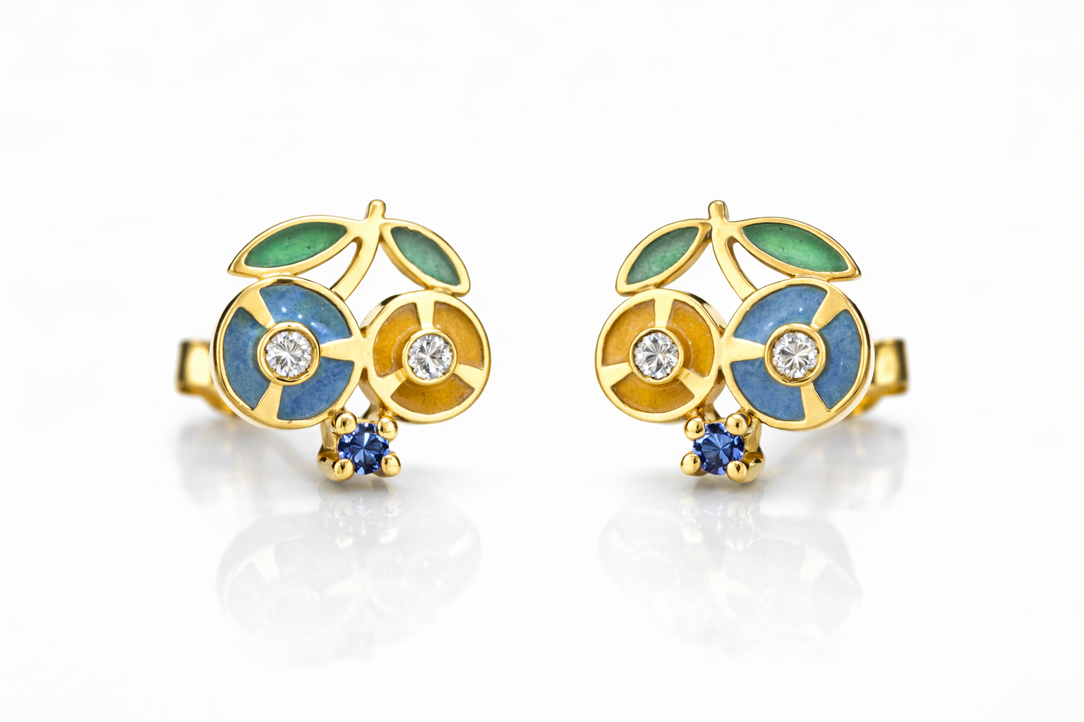 Pendientes Oro Amarillo con Esmalte Artesanal y Zafiro Azul