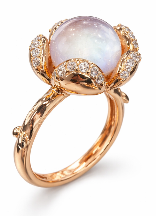 Anillo de oro rosa con piedra luna y diamantes