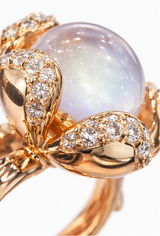 Anillo de oro rosa con piedra luna y diamantes