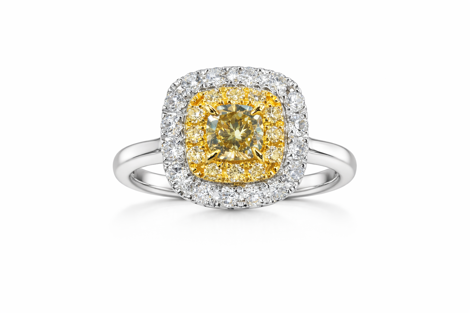 Anillo cushion fancy amarillo con doble halo diamantes