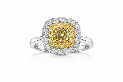 Anillo cushion fancy amarillo con doble halo diamantes