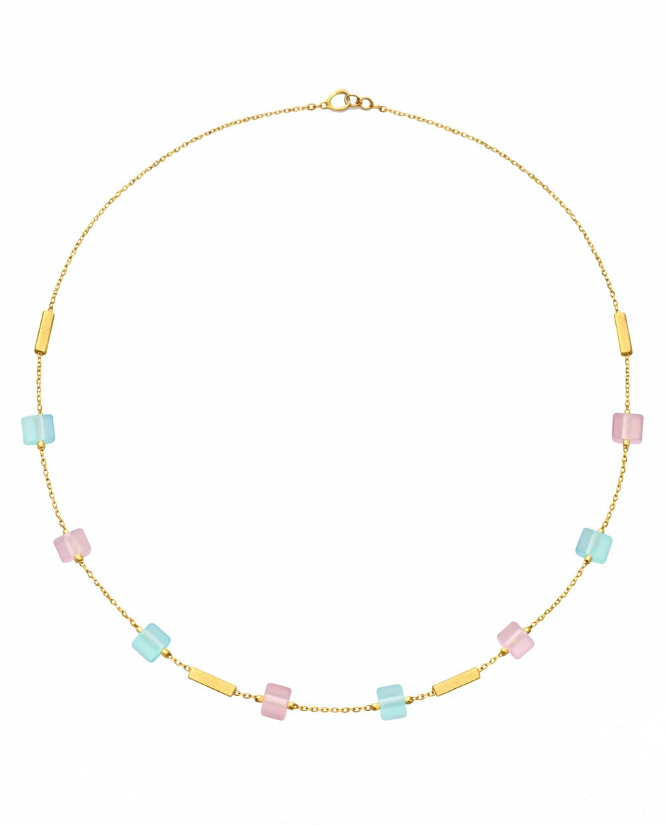 Colgante de Oro Amarillo con Calcedonia Azul y Cuarzo Rosa