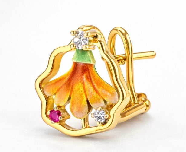 Pendientes Flor en esmalte en Oro Amarillo con Diamantes y Rubí