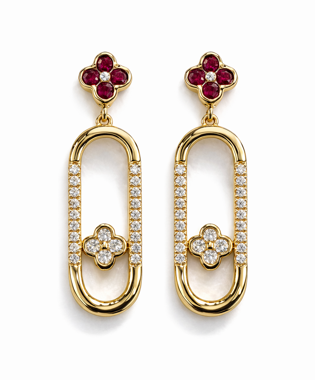 Pendientes de Oro Amarillo con Rubíes y Diamantes con un diseño Alargado