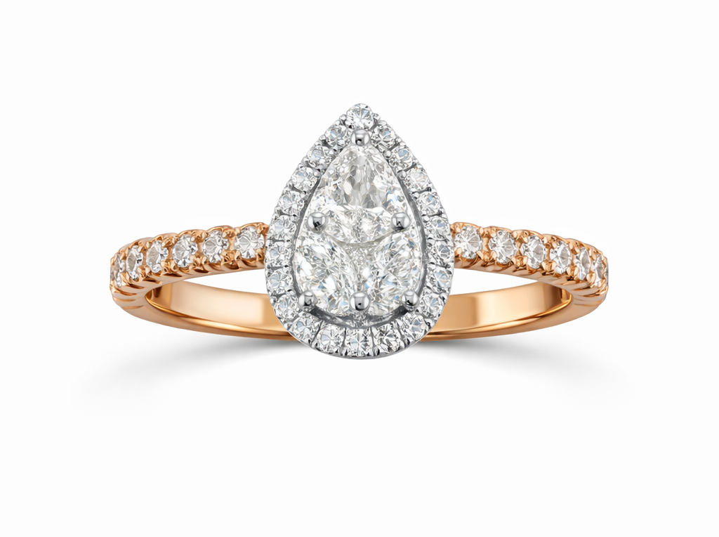 Anillo halo de diamantes multitalla en oro rosa