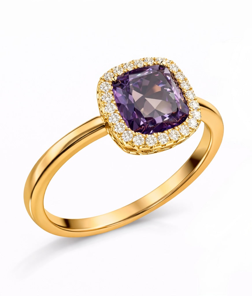 Anillo halo de amatista y diamantes en oro rosa