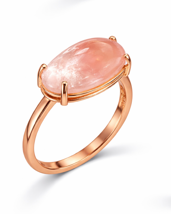 Anillo cuarzo rosa talla cabujón de oro rosa