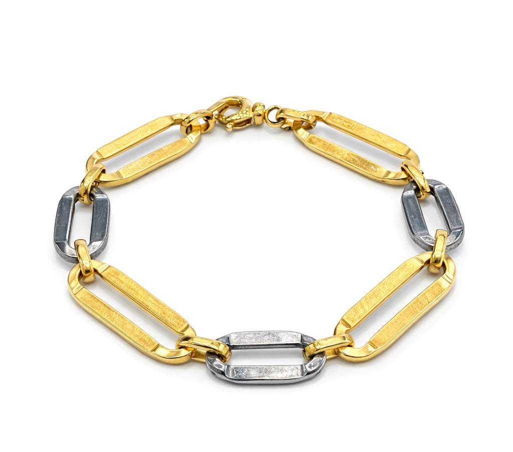 Pulsera Eslabón Rectangular Bicolor de oro